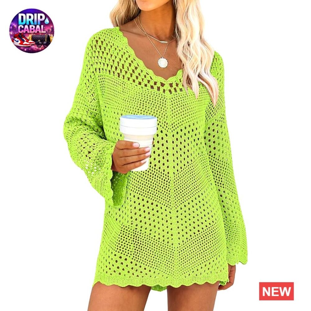 Crochet Mesh Knit Coverup Dress for Beach Swimwear